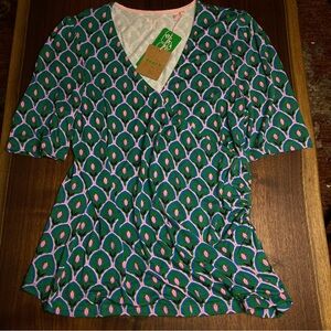 NWT Boden Green & Pink Floral Print V-Neck Ruched Top Size 12 Shirt New